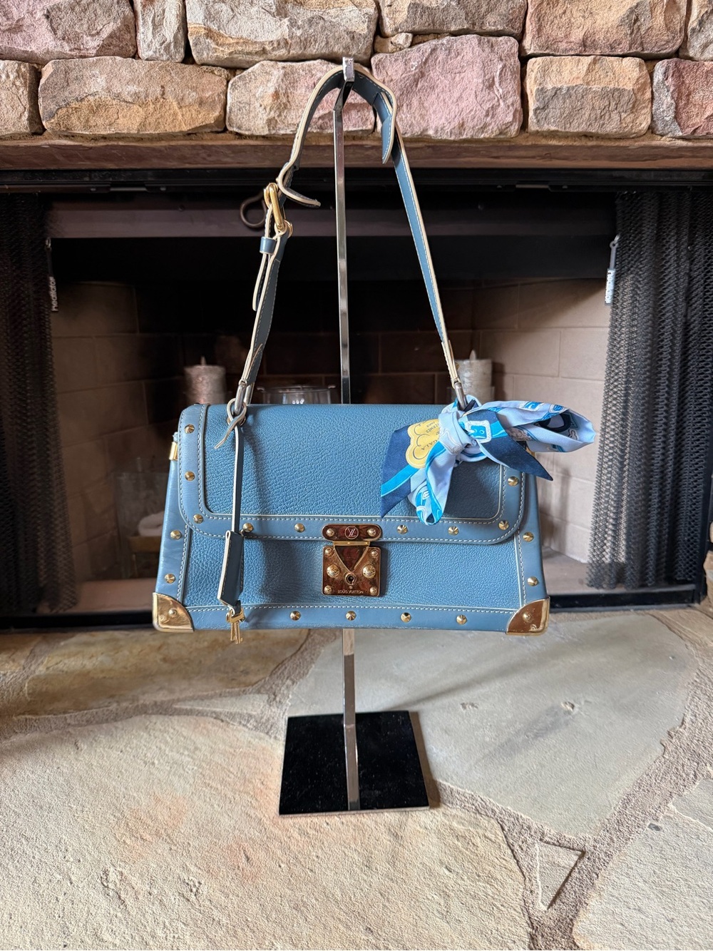 Louis Vuitton Blue Leather Shoulder Bag with Gold-Tone Studs and Scarf